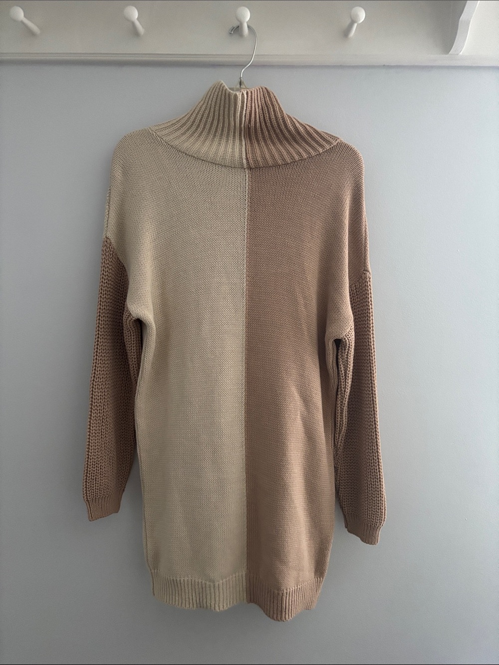 PrettyLittleThing Beige and Tan Colorblock Turtleneck Sweater Dress